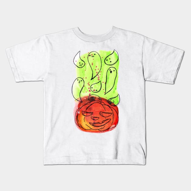 Watercolor Ghosts and Pumpkin Kids T-Shirt by saradaboru